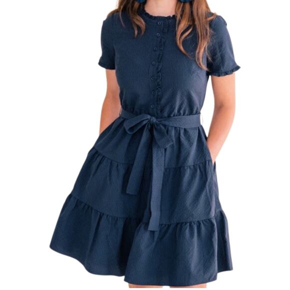 Gal Meets Glam Dresses & Skirts - Gal Meets Glam Maisie Navy Blue Seersucker Ruffle Tiered Dress Sz 4 Cottagecore